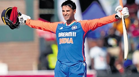 Abhishek Sharma celebrates after reaching his ton against Zimbabwe 