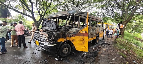 A school bus was gutted after it caught fire near the Kundanoor bridge in Kochi on Wednesday morning.