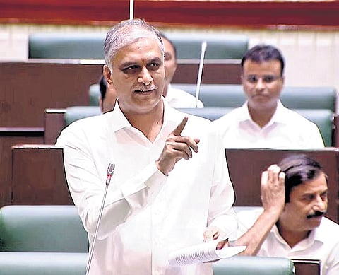 BRS MLA T Harish Rao, left, speaks in the Assembly on Saturday. 