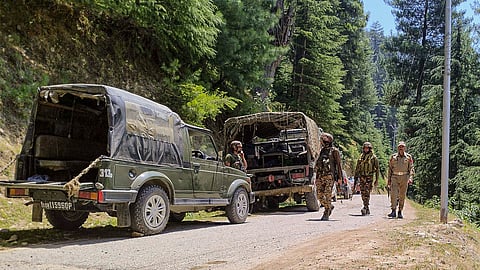 Security forces personnel during and encounter with terrorists in Desa forest area, in Doda district of Jammu and Kashmir.