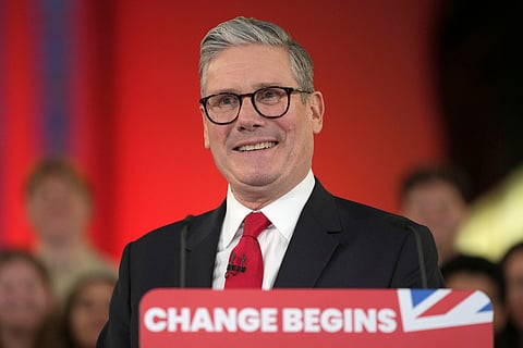 Labour Party leader Keir Starmer smiles as he speaks to his supporters at the Tate Modern in London, Friday, July 5, 2024. 
