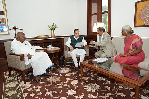 Bengaluru Rural MP Dr CN Manjunath, accompanied by his wife Dr Anusuya and former PM HD Deve Gowda, meets Union minister JP Nadda in New Delhi recently.
