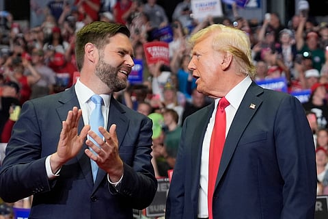 Republican presidential candidate former President Donald Trump and Republican vice presidential candidate Sen. JD Vance, R-Ohio, arrive a campaign rally, Saturday, July 20, 2024, in Grand Rapids, Mich.