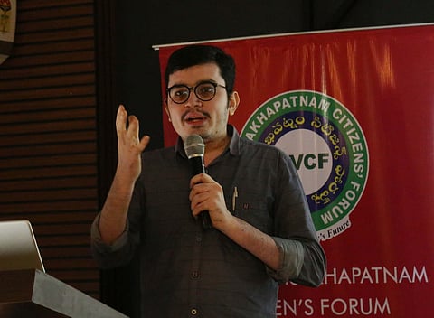 Lokesh Sinram, senior project executive from the Centre for Urban Water Resources, Dhan Foundation delivering a talk about Visakhapatnam's endangered water bodies on Sunday. 