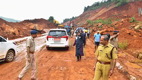 Search operations under way at the landslide spot at Shirur on Saturday.