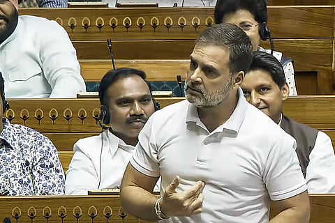 Leader of Opposition in the Lok Sabha Rahul Gandhi speaks in the House during the Monsoon session of Parliament, in New Delhi, Monday, July 29, 2024.
