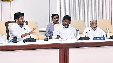 Chief Minister A Revanth Reddy makes a point during a meeting with prominent educationalists, social workers and retired IAS officers at the Secretariat on Friday