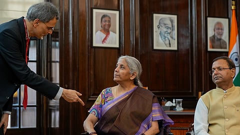 India's Chief Economic Advisor V Anantha Nageswaran seen with Finance Minister Nirmala Sitharaman.