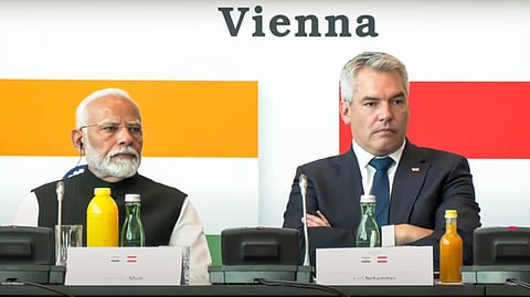 Prime Minister Narendra Modi with Austrian Chancellor Karl Nehammer during the India-Austria Business meeting, in Vienna, Austria, Wednesday, July 10, 2024.