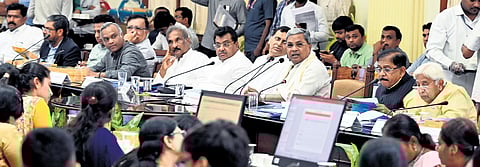 Chief Minister Siddaramaiah chairs a meeting with top officials and ministers at Vidhana Soudha in Bengaluru on Monday 