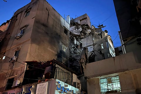 A general view shows a damaged building that was hit by an Israeli airstrike in the southern suburbs of Beirut, Lebanon, Tuesday, July 30, 2024. 