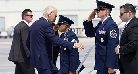 President Joe Biden walks up the steps of Air Force One at Harry Reid International Airport in Las Vegas, Wednesday, July 17, 2024. 