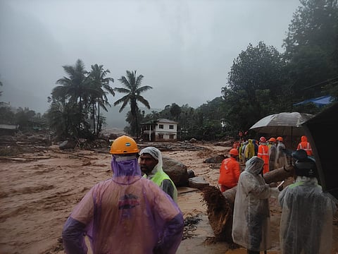 Rescue workers at the landslide area in Wayanad
