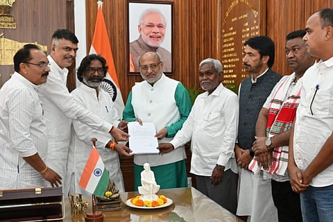 Hemant Soren and Champai Soren with Jharkhand governor CP Radhakrishnan