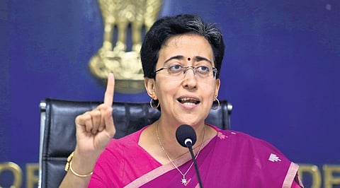 Delhi minister Atishi addresses a press conference