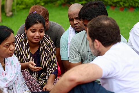  Congress leader Rahul Gandhi meets families of the victims of Hathras stampede incident, at Green Park in Hathras, Friday, July 5, 2024.