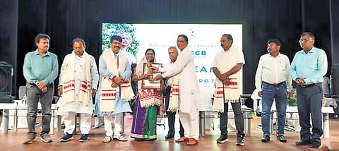 Retired reader of MPC College Kabita Barik being felicitated at the event 