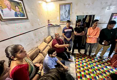 Shiv Sena (UBT) leader Aaditya Thackeray meets family members of Kaveri Nakhwa, a woman who died after a BMW car allegedly rammed into her two-wheeler on which she was riding pillion on Sunday morning in the Worli area, in Mumbai, Wednesday, July 10