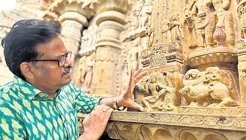 YVU Fine Arts head K Mrutyunjaya Rao examines the temple carvings.