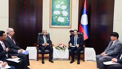 External Affairs Minister S Jaishankar with Laos Prime Minister Sonexay Siphandone in Vientiane on Saturday.
