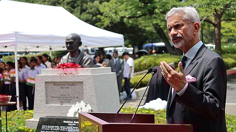External Affairs Minister S. Jaishankar speaks during the unveiling of Mahatma Gandhi's bust in Edogawa, Tokyo on Sunday