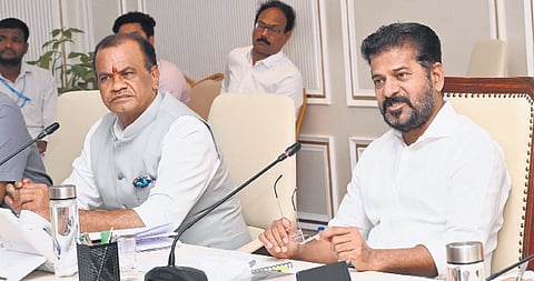 Chief Minister A Revanth Reddy and R&B Minister Komatireddy Venkat Reddy take part in a review meeting with NHAI officials on Wednesday