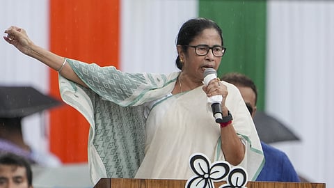 West Bengal Chief Minister Mamata Banerjee addresses during TMC Martyr's Day rally, in Kolkata, Sunday, July 21, 2024. 
