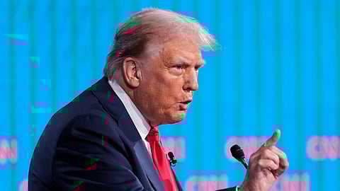 Republican presidential candidate former President Donald Trump speaks during a presidential debate with President Joe Biden, June 27, 2024, in Atlanta.