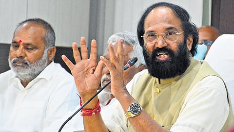 In Hyderabad, Irrigation minister N Uttam Kumar Reddy briefs the media on the government’s decisions regarding the Kaleshwaram Lift Irrigation Scheme
