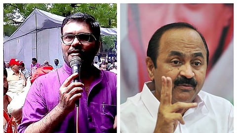 Minister MB Rajesh (L) and Leader of Opposition VD Satheesan