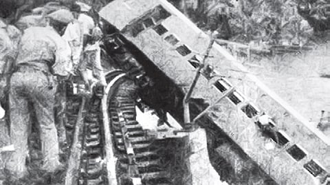 One of the derailed coaches of the Thiruvananthapuram-bound Island Express 
