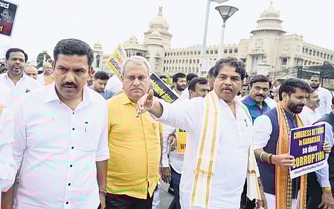 State BJP president BY Vijayendra and Leader of Opposition in Assembly R Ashoka lead a delegation to the Raj Bhavan to submit a petition to Governor Thaawarchand Gehlot, on Thursday 