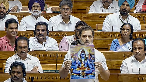 Congress MP Rahul Gandhi in the Lok Sabha during ongoing Parliament session, in New Delhi.