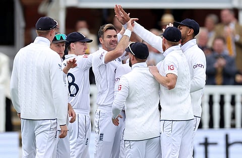 England James Anderson celebrates the wicket of Joshua Da Silva on day three of the first Rothesay Men's Test match at Lord's Cricket Ground, London