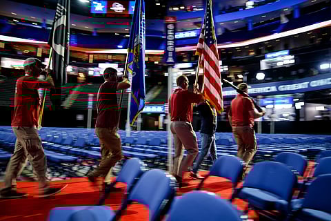 A color guard comprised of veterans rehearses ahead of the 2024 Republican National Convention in Milwaukee