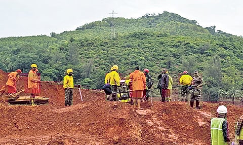 Search operations to find the victims of the landslide continue at Shirur on Monday.