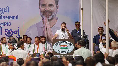 Congress leader Rahul Gandhi addresses a party workers convention, in Ahmedabad, Saturday, July 6, 2024.