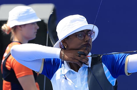 Deepika Kumari of India competes during the Women Team Quarterfinal match against Netherlands of the Archery competitions in the Paris 2024 Olympic Games