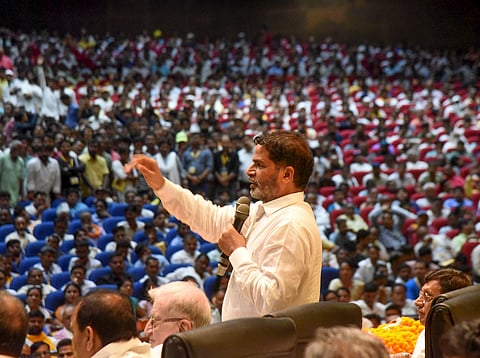 Jan Suraj Abhiyan Chief Prashant Kishor addresses a meeting, at Bapu auditorium, in Patna, Sunday, July 28, 2024. 