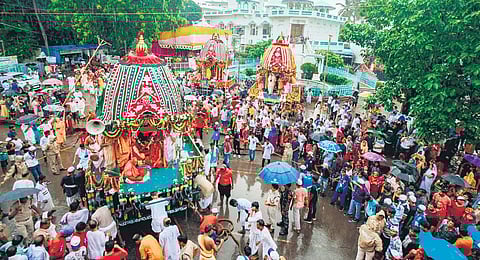 Devotees pulling a chariot at Iskcon temple in Bhubaneswar 