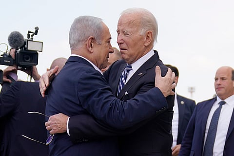 President Joe Biden is greeted by Israeli Prime Minister Benjamin Netanyahu