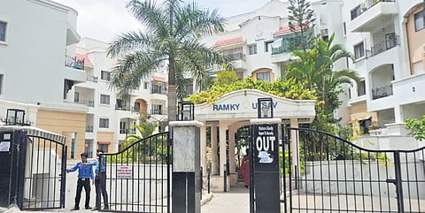 The apartment complex on New BEL Road, where the ED conducted searches at a flat belonging to former minister B Nagendra, in Bengaluru on Thursday.
