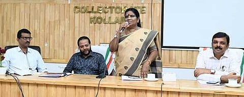 Animal Husbandry minster J Chinchu Rani speaking meeting of department officials at the Collectorate in Kollam