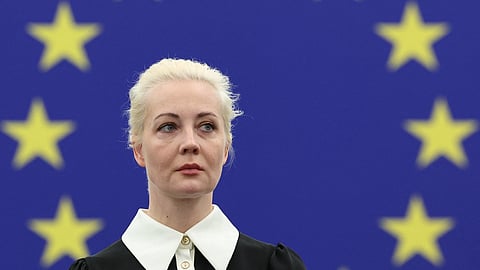 Yulia Navalnaya, widow of Kremlin opposition leader Alexei Navalny who died on February 16 in a Russian prison, addresses the European Parliament in Strasbourg, eastern France, on February 28, 2024.