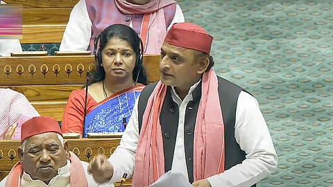 Samajwadi Party MP Akhilesh Yadav speaks in the Lok Sabha during the ongoing Parliament session, in New Delhi, Tuesday, July 2, 2024.