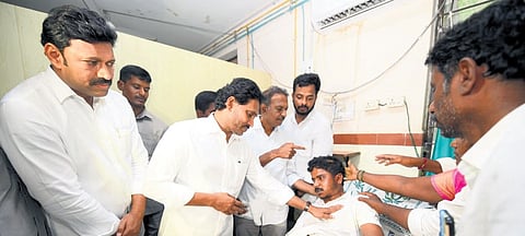 YSRC chief YS Jagan Mohan Reddy visited Ajay Kumar Reddy, who was admitted to RIMS Kadapa after allegedly being attacked by TDP men, on Saturday  