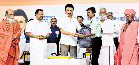 CM MK Stalin distributing educational aid to students of Kapaleeswarar Arts and Science College at Everwin School in Kolathur, Chennai