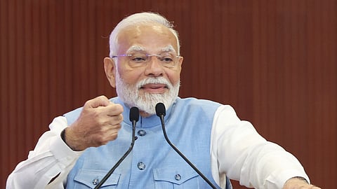 Prime Minister Narendra Modi interacts with 181 Officer Trainees of IAS 2022 Batch who have been attached as Assistant Secretaries in various Ministries and Departments at Sushma Swaraj Bhawan in New Delhi. 