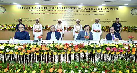 Supreme Court judge Justice Bhushan Ramakrishna Gavai, Justice Vikram Nath and Justice Prashant Kumar Mishra in a state-level conference of judicial officers at the Chhattisgarh High Court