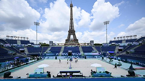 The majestic Eiffel Tower in the background, overlooking the beach volleyball venue for the Games.